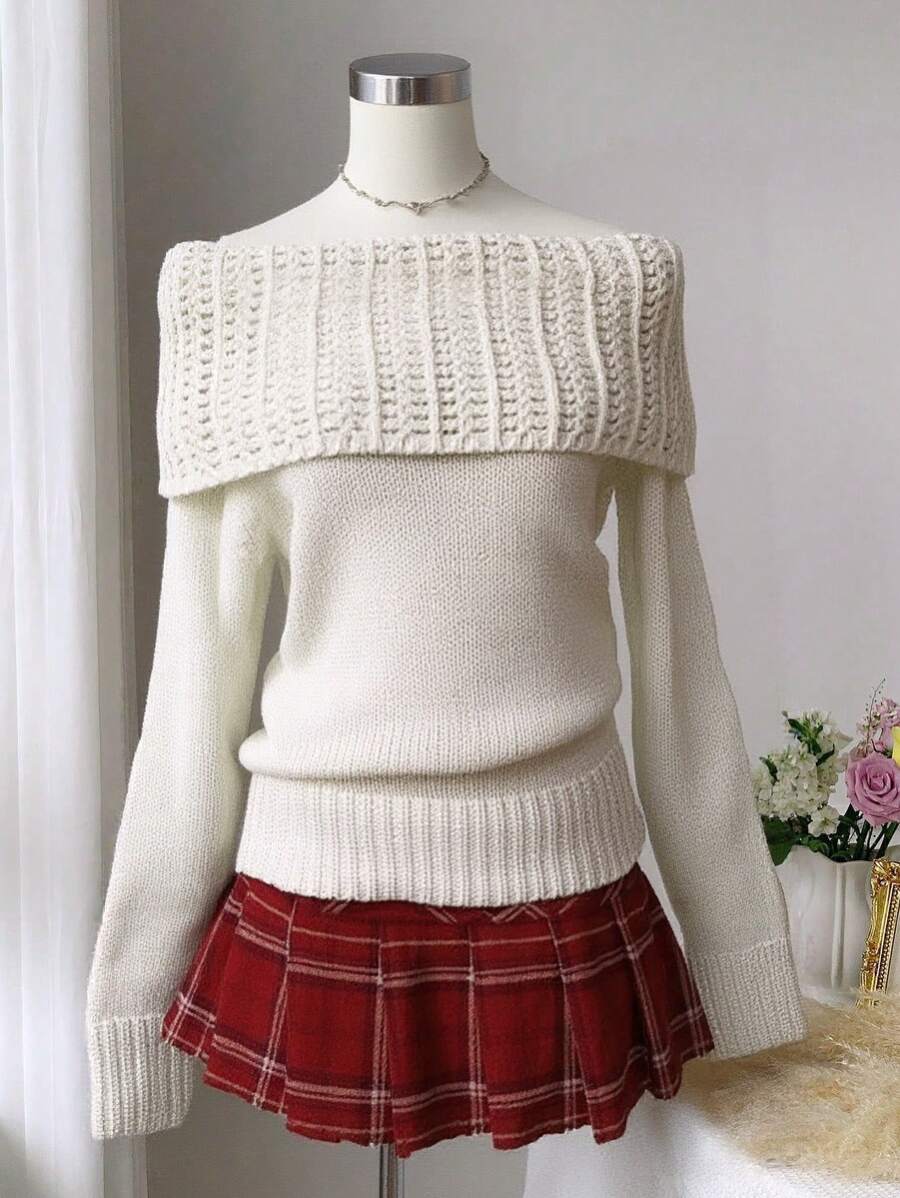 Comfortcana Women's Elegant Off-White Off Shoulder Casual Sweater,Autumn Y2k Vintage Solid Color Tops,School Back-To-School Teacher Streetwear,Fall - Apricot - View 1