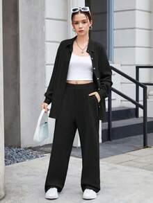 SHEIN Teen Girls' Textured Letter Print Shirt & Wide Leg Pants 2 Pieces Set, Early Autumn Transitional - Black - View 2