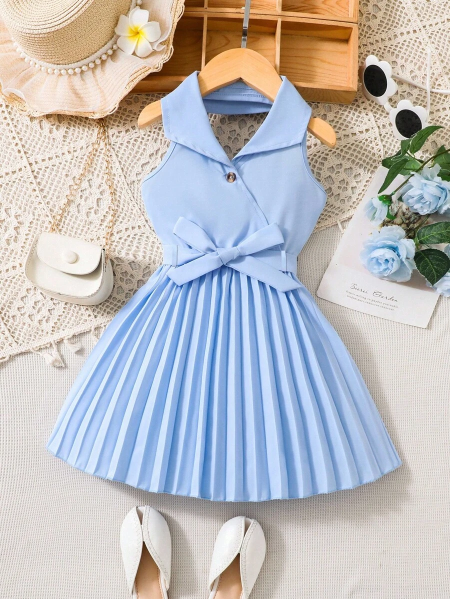SHEIN Young Girl Pleated Hem Belted Halter Dress Dress Young Girl Blueblue Dress For Young Girl>Cutegirls Dresses Bluegirls Dress Bluebaby Blue Young Girl Dress - Baby Blue - View 1