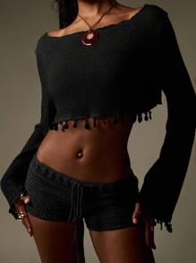 MISSGUIDED 波西米亚风露肩针织短款上衣长袖流苏装饰节日钩针毛衣秋冬休闲波西米亚风喇叭袖 - 黑色 - 查看 7