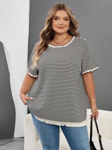 SHEIN CURVE+ 大码休闲学院风条纹T恤，秋季/假日女装，秋冬款，CURVE PLUS - 黑與白 - 查看 6