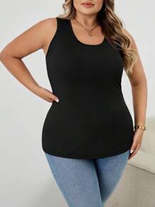 SHEIN CURVE+ 大码夏季纯色简约修身背心，镂空性感外出上衣，女士秋冬装，CURVE PLUS 大码背心，大码无袖上衣，女士大码背心，女士大码背心两件装，女士大码背心 - 黑色 - 查看 7