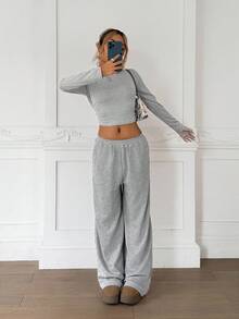 SHEIN 2pcs/Set Teen Girl Casual Solid Color Long Sleeve T-Shirt And Pants Set, Comfortable & Minimalist Fall Winter