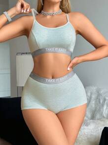2 Stücke Damen sexy, bequemer, bunter Baumwolle Grafik-Muster Sport-Anzug Set - Hellgrau - Übersicht 4