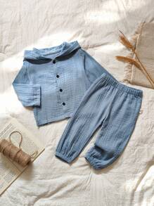 SHEIN Vintaside Kids 幼儿男童可爱舒适休闲时尚褶皱纱布浅蓝色连帽长袖开衫上衣和裤子套装 - 霧霾藍 - 查看 4