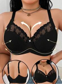 SHEIN 大码女士纯色钢圈文胸，提升型 - 黑色 - 查看 1