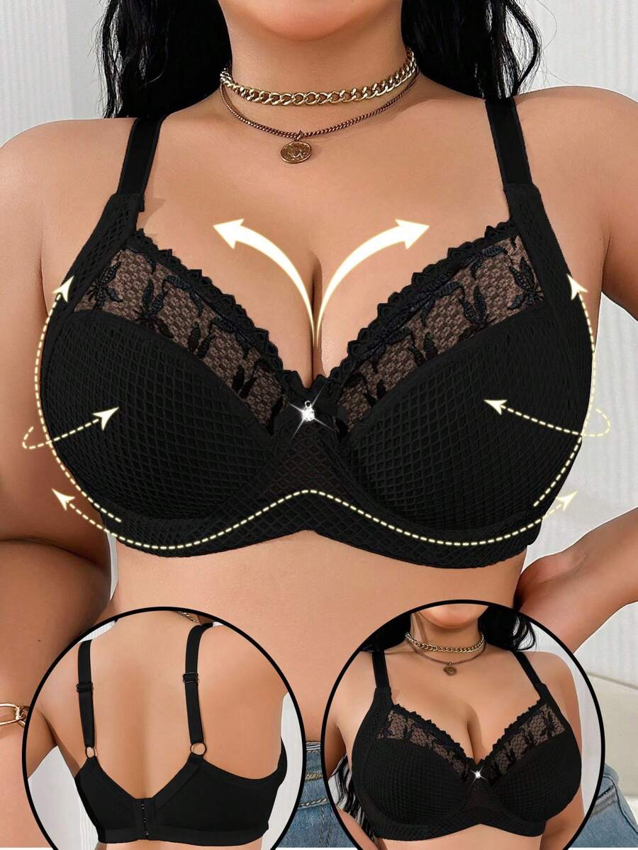 SHEIN 大码女士纯色钢圈文胸，提升型 - 黑色 - 查看 1