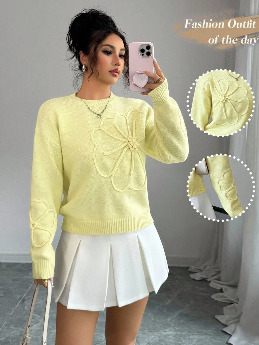 Elenzga Suéter de punto de cuello redondo elegante para mujer con diseño floral bordado y unicolor, para otoño e invierno