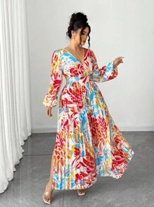 Elenzga Halloween Plus Size Women's Elegant Colorful Floral Print V-Neck Ruched Flared Hem High Slit Long Sleeve Maxi Dress Fall Cloth For Women - Multicolor - View 4