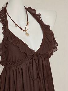 SHEIN ICON Women's Casual Basic Halter Tie Ruffle Hem Double Layer Tank Top Brown Ruffle Top - Brown - View 8
