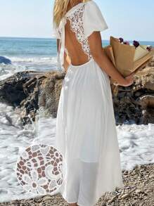 SHEIN EZwear Váy dệt ren trắng thanh lịch lãng mạn dành cho nữ - trắng - Xem 1
