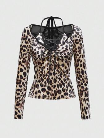 T-shirt à manches longues femme rétro Y2K hippie vacances sexy bicolore 2 en 1 avec imprimé léopard floqué