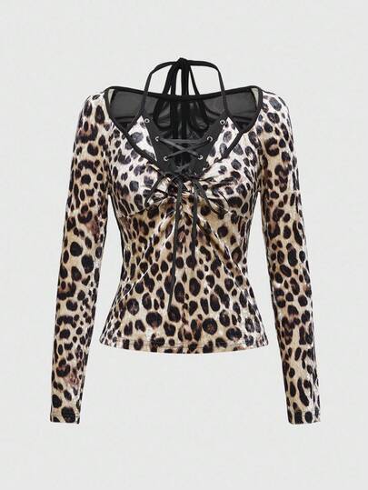 T-shirt à manches longues femme rétro Y2K hippie vacances sexy bicolore 2 en 1 avec imprimé léopard floqué
