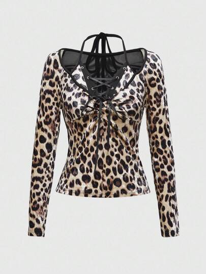 ROMWE Hippie 女式复古 Y2K 嬉皮度假性感撞色二合一植绒豹纹长袖 T 恤