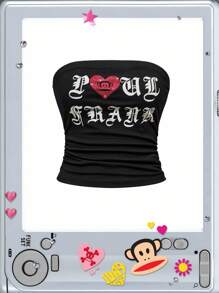 Paul Frank X ROMWE Collab Y2K 女款水钻爱心印花短款褶饰抹胸上衣 - 黑色 - 查看 10