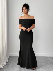 Elenzga فستان كاجوال للسيدات بحجم كبير بلون أحادي مكشوف الكتف / فستان صيفي مثير وأنيق بياقة مكشوفة الكتف مناسب وضيق - الأسود - مشاهدة 4