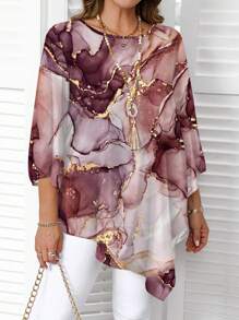 EMERY ROSE 休闲水墨大理石纹理图案圆领长袖大码衬衫，适合春秋季节 - 紫色 - 查看 3