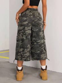 SHEIN Tall 女士宽松裤型街头风迷彩工装口袋七分牛仔裤