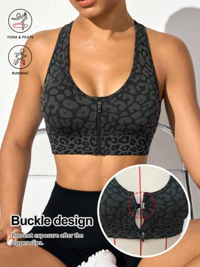 Gameset Sport Women Leopard Print Zipper Front Sports Bra, Everyday Wear