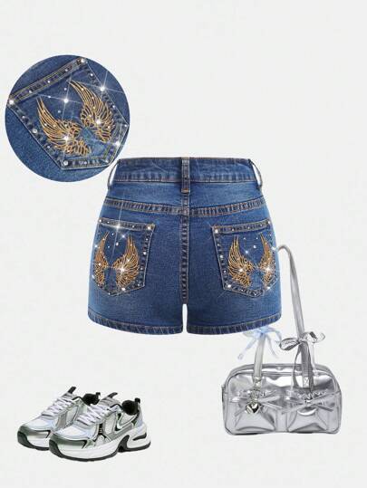 SHEIN Girlism Tween Girls Fashion Casual Y2k Vintage Cool The Water-Washing Process Design Comfortable And Sparkling The Brown Wing Embroidery Pattern Design Blue Elastic Tight Denim Shorts For Tween Girl Clothes Girls Soft Dailywear And Tween Girl Fall And Autumn Or Winter Clothes Back To School Homecoming Rave Outfits Festival And Beach Outfits Streetwear School Clothes