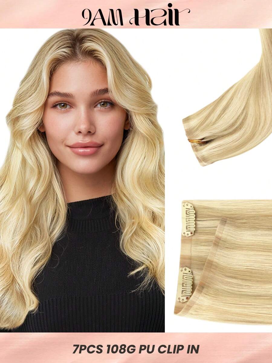 Seamless Clip Ins 7 PIEZAS Extensiones de cabello humano sin costuras de PU 100% cabello humano real de 14-22 pulgadas, color rubio balayage ombre, con piel de trama, extensiones de cabello Remy con clip, 110G - S16/613 - Ver 1