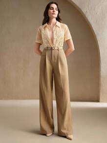 Anewsta Collared Wrap Front Elegant Sexy Short Sleeve Regular Length Casual Blouse