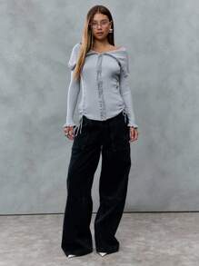SHEIN Unity This Ribbed Zip-Up Top Combines Structure And Softness With Its Fold-Over Neckline And Frill Hems. With Ruched Details And A Body-Hugging Fit, It's The Perfect Mix Of Punk And 2YK-Ideal For Fall. - Pink - View 5