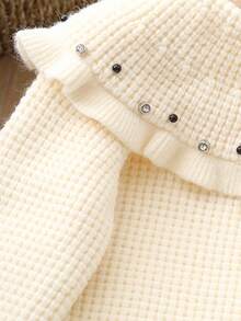 Cardigan a contrasto bianco e nero carino per ragazze, cardigan lavorato a maglia con collo rotondo, maniche lunghe, grandi risvolti, texture a volant e decorazione con fiocco, cardigan in maglia caldo e confortevole - Bianco - Visualizzare 7