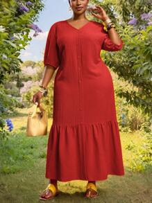 Slaydiva 2025 Bộ trang phục dự tiệc/nghỉ trưa phong cách miền Tây cổ điển cỡ lớn dành cho nữ, Lễ hội âm nhạc/Câu lạc bộ/Chuyến đi đường dài/Kỳ nghỉ/Thường ngày/Du lịch thành phố/Lễ tốt nghiệp, Váy dự tiệc thanh lịch dành cho nữ, Váy maxi dài tay chữ V bèo nhún cổ chữ V bằng vải gingham màu vàng họa tiết rộng rãi - Đỏ - Xem 9