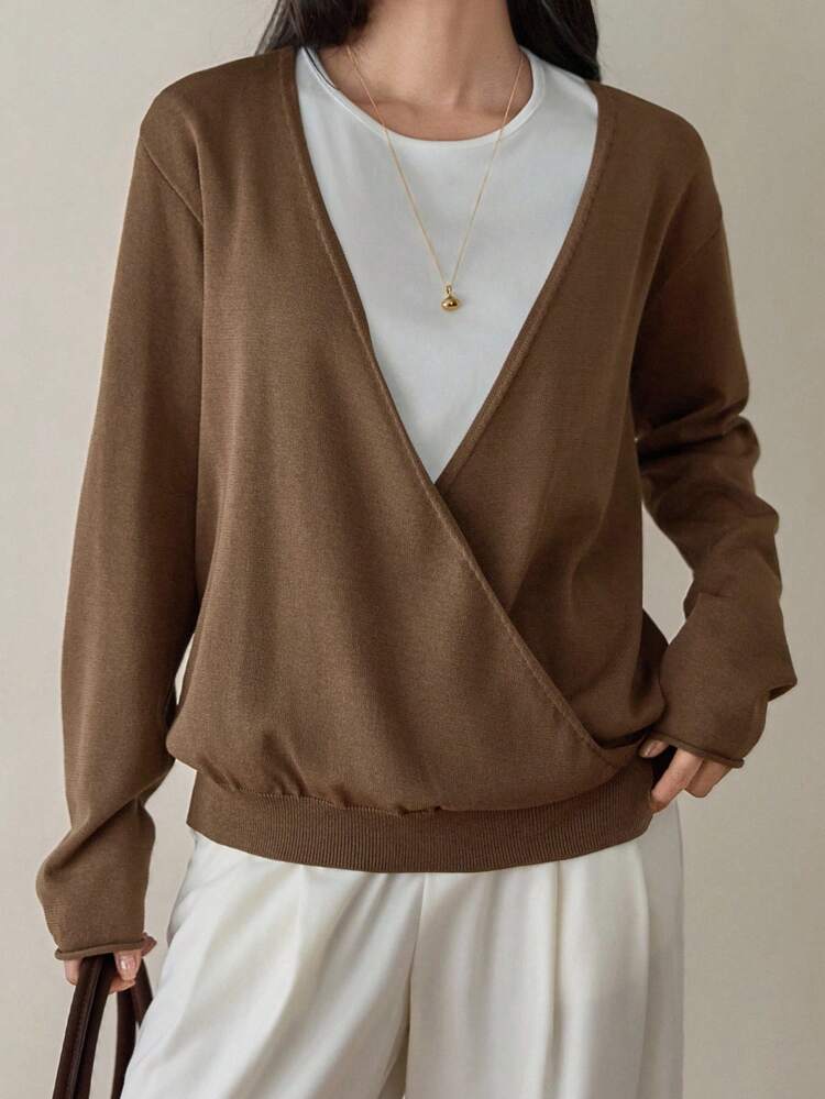 Women's Deep V-Neck Crossed Design Loose Knit Sweater, Business Casual Office Commuter Workwear, Long Sleeve, Autumn/Winter,Fall Women Clothes