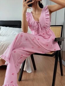 SHEIN 2pcs Summer Ruffled Trim Striped Bow Print Pajama Set - Pink - View 1