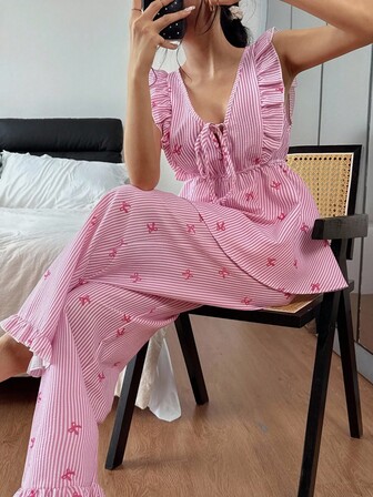 SHEIN 2pcs Summer Ruffled Trim Striped Bow Print Pajama Set