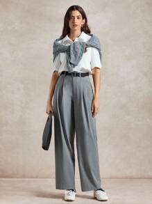 Briarwyn Women's Casual Solid Color Pleated Straight Leg Pants - Grey - View 6