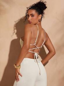 Hauture Bộ đồ liền thân hở lưng boho trang trí họa tiết trang trí mùa hè gợi cảm - Màu be - Xem 2