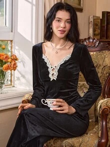 SHEIN 女士纯色丝绒撞色蕾丝拼接长袖上衣和裤子睡衣套装，秋冬服装，舒适保暖 - 黑色 - 查看 2
