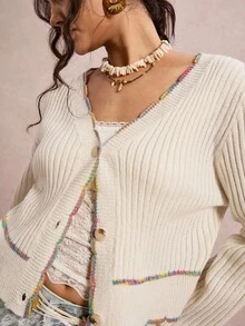 SHEIN VCAY Plus Size Women Casual Fashionable Button-Up Long Sleeve Cardigans Teacher In Fall/Winter - Beige - View 5