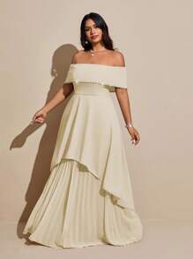 Viva Relle 大码女式优雅奢华派对礼服，露肩，钻石装饰，雪纺褶皱长裙 - 杏色 - 查看 2