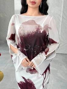 Feyla 2pcs Women Elegant Floral Print Flare Sleeve Top And Mermaid Hem Skirt Set - Multicolor - View 6