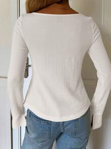 SHEIN EZwear 1 件休闲纯色系带袖口喇叭袖开衩下摆 T 恤 - 白色 - 查看 2