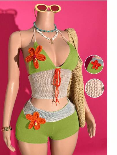 Slaydiva 2025 Summer New Music Festival, Easter, Western, Nomadic, Party, Pool, Sexy Vacation, Cruise Travel, Beach, Sunbathing, Viral Hit, Vacation, Sweet, Sexy, Cute Floral Pattern Spaghetti Strap Triangle Bikini Top + Shorts 2 Pieces Knitted Sweater Set For Women