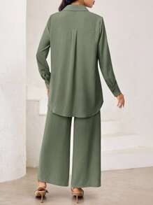 Veilorie 2件套女式纯色长袖串珠衬衫和裤子套装