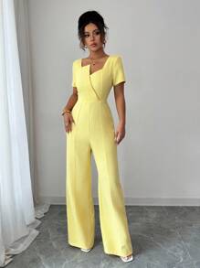 Selianne Mono de unicolor con textura y cuello en V para mujer, elegante para ir al trabajo y uso diario - Amarillo - Ver 1