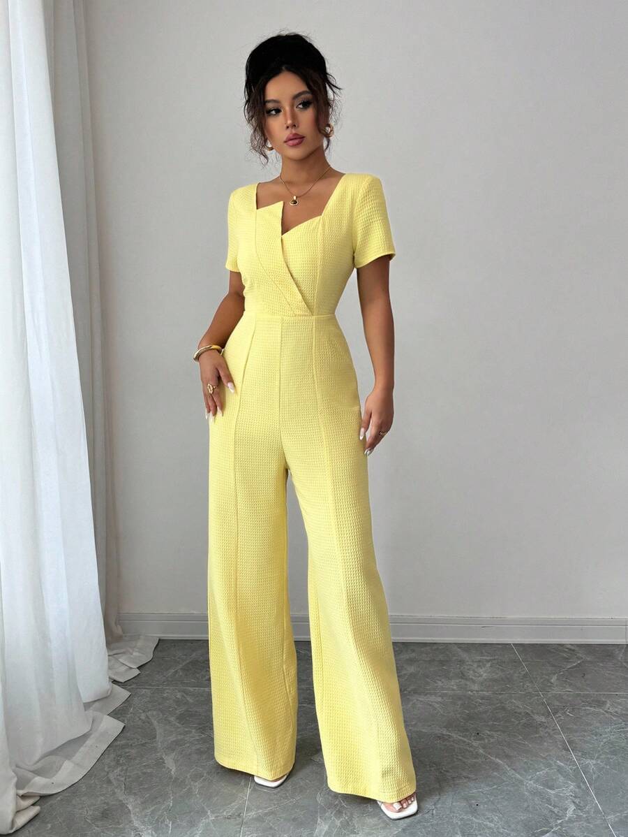 Selianne Mono de unicolor con textura y cuello en V para mujer, elegante para ir al trabajo y uso diario - Amarillo - Ver 1