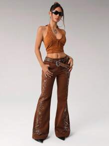 SHEIN ICON 女式 Y2K 千禧复古花卉图案水钻装饰低腰修身喇叭裤 - 棕色 - 查看 6