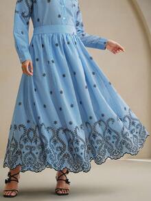 Anewsta 加大码条纹刺绣半身裙，适合春季、节日、假日、度假，优雅女士连衣裙 - 藍色 - 查看 3