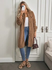 EMERY ROSE Áo khoác nữ Túi Nút phía trước màu trơn Giải trí - Lạc đà - Xem 5