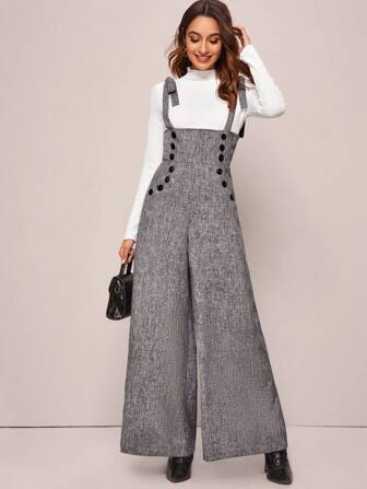 SHEIN Privé Double Breasted Wide Leg Linen Look Suspender Jumpsuit