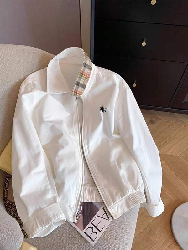 INAWLY Casual Loose Zip-Up Contrast Color Graphic Print Long Sleeve Jacket