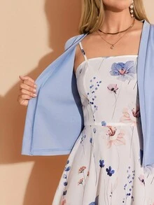 Amorya 女士优雅纯色前开长袖夹克和花卉印花吊带背心连衣裙 2 件套，秋季花卉连衣裙配开衫连衣裙配开衫套装蓝白花卉连衣裙女士休闲连衣裙蓝白连衣裙女士花卉连衣裙和开衫秋季女士服装 - 藍白色 - 查看 2