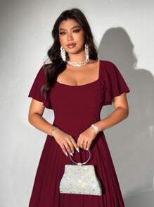 Viva Relle Đầm tiệc nữ size lớn thanh lịch lãng mạn, tay ngắn cánh hoa bèo nhún voan, đầm dự tiệc cưới, màu đỏ rượu vang - Màu Đỏ Sâu - Xem 4